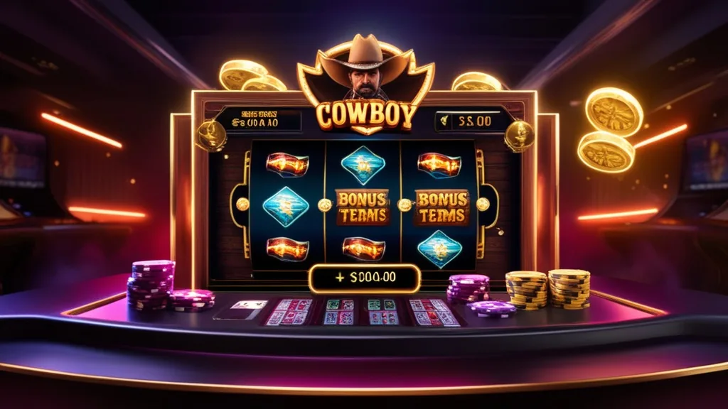 Tableau de bonus Rodeoslot dans une ambiance casino sombre et lumineuse