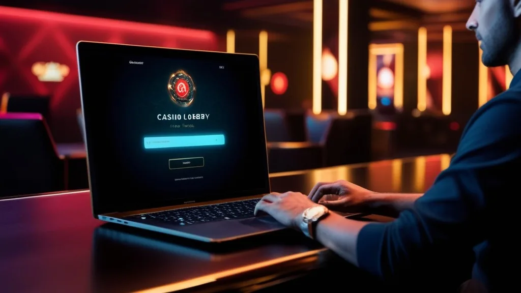 Écran de connexion de casino sur fond sombre avec joueur devant un ordinateur portable