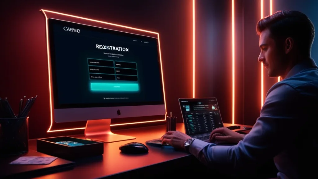 Formulaire d’inscription de casino dans une ambiance sombre et lumineuse