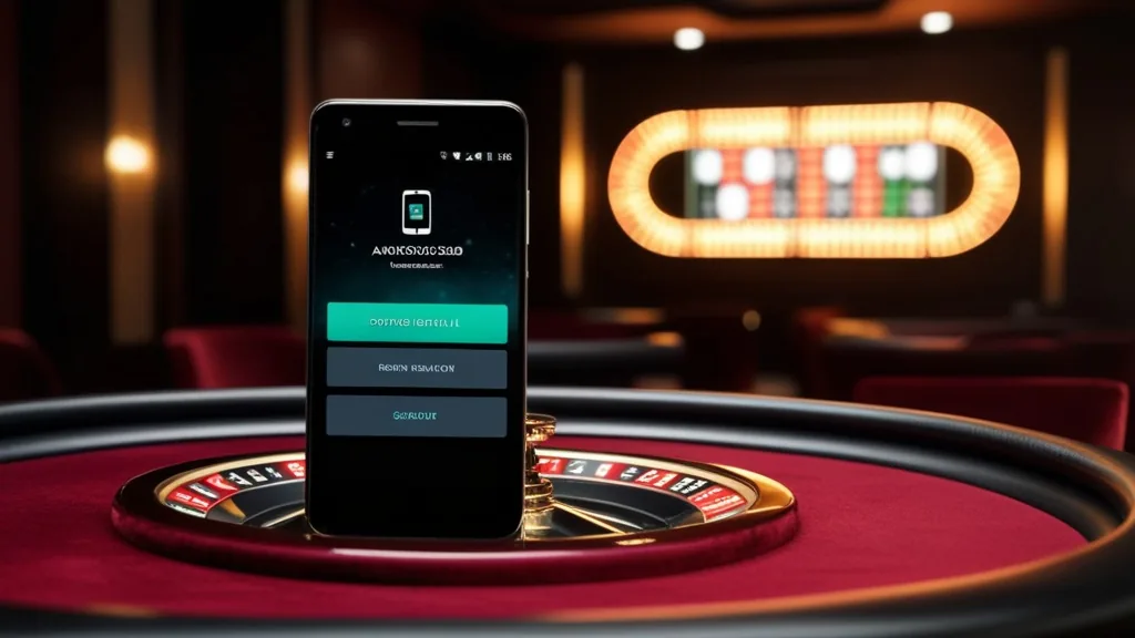 Téléphone affichant le téléchargement de l’application Rodeoslot sur fond de casino sombre