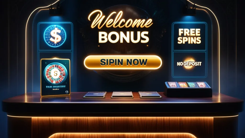 Offre de bienvenue et bonus sans dépôt illustrés dans un casino sombre