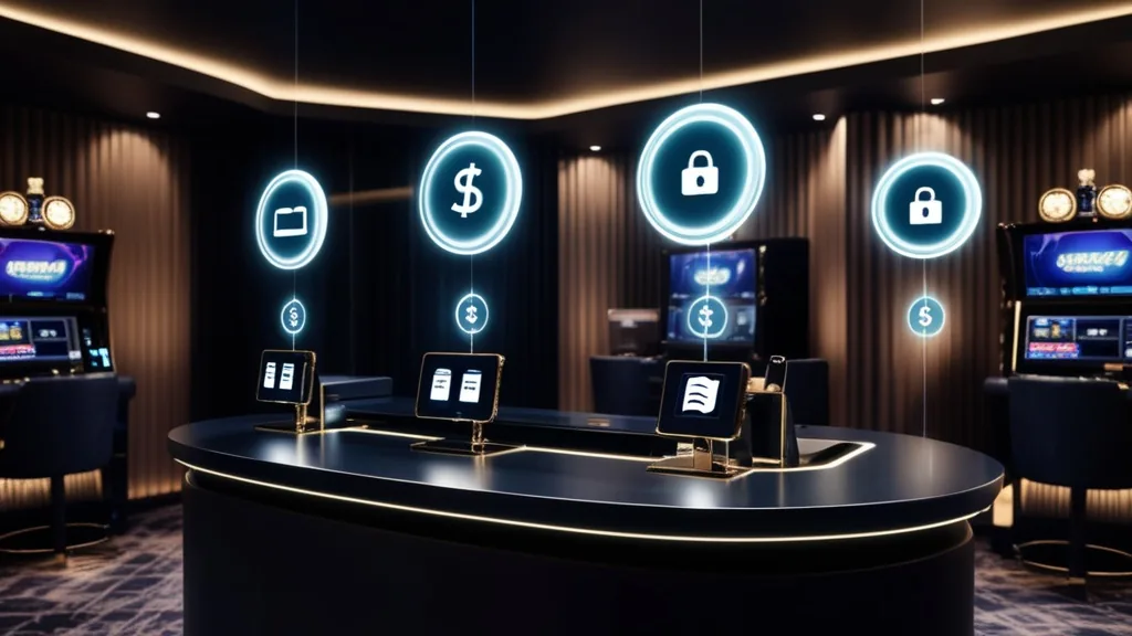 Carte bancaire, portefeuille et virement dans un décor de casino sombre