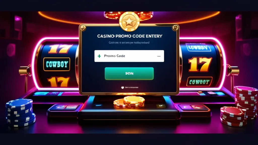 Champ de code promo Rodeoslot affiché dans un décor de casino sombre